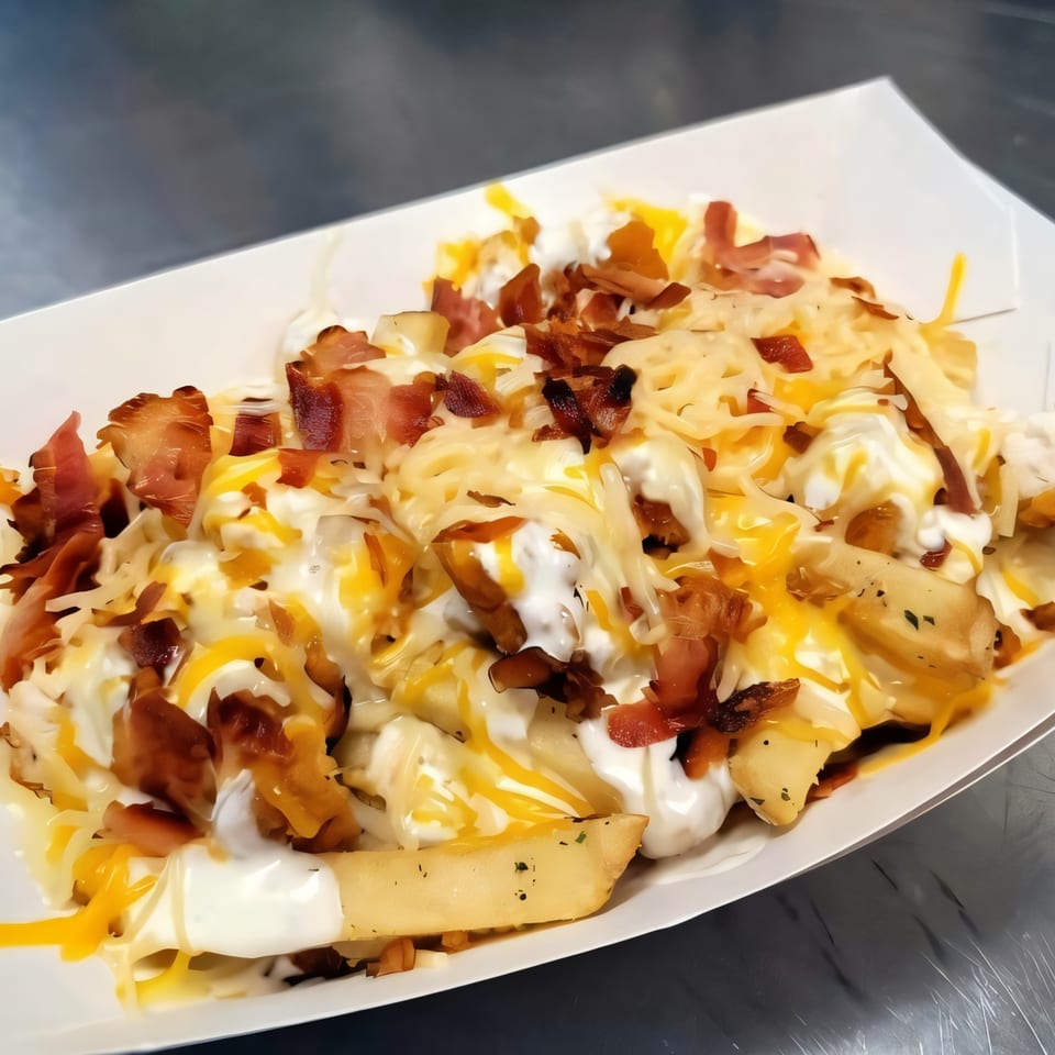 Loaded fries with melted cheese, sour cream, and crispy bacon bits in a white paper tray.