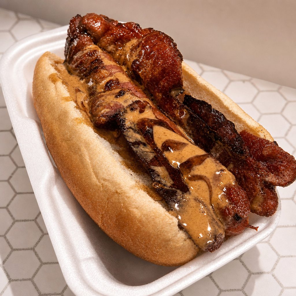 Hot Peanut Butter Bacon Dog.