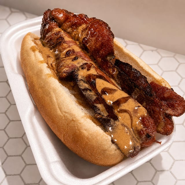 Hot Peanut Butter Bacon Dog.